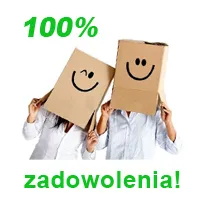 Dwoje ludzi z kartonami na głowach i tekst: 100% zadowolenia