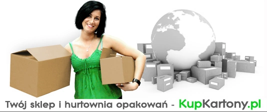 Kobieta w zielonej bluzce, trzymająca dwa kartony tekturowe, a w tle kula ziemska otoczona pudełkami kartonowymi